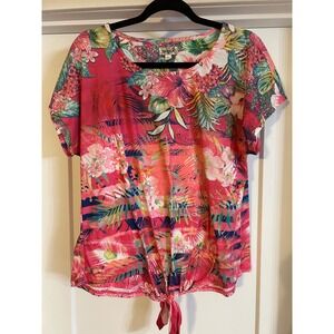 One World Hot Pink Tropical Floral Tie Front Botanical Beachy Resort Top Large